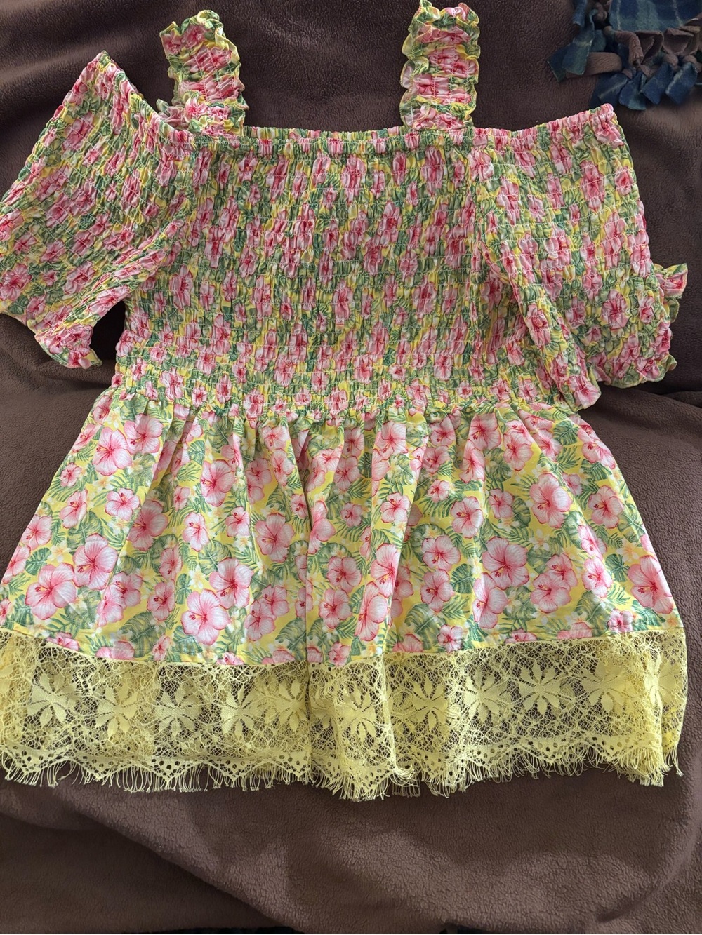 Womens Yellow Floral Lace-Trim Smocked Dress
